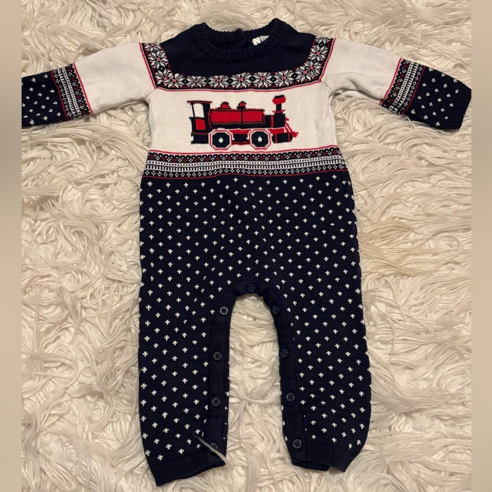 Janie and Jack Knit Train Sweater Romper 6–12M Navy Fair Isle One Piece